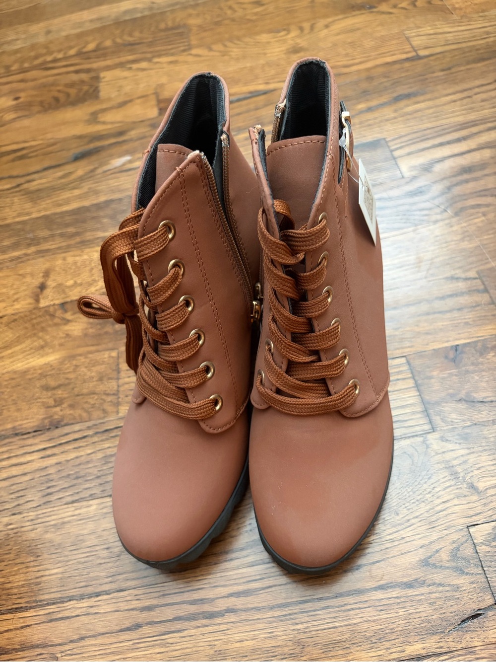SHEIN Rust Brown Lace-Up Ankle Boots with Side Zip
